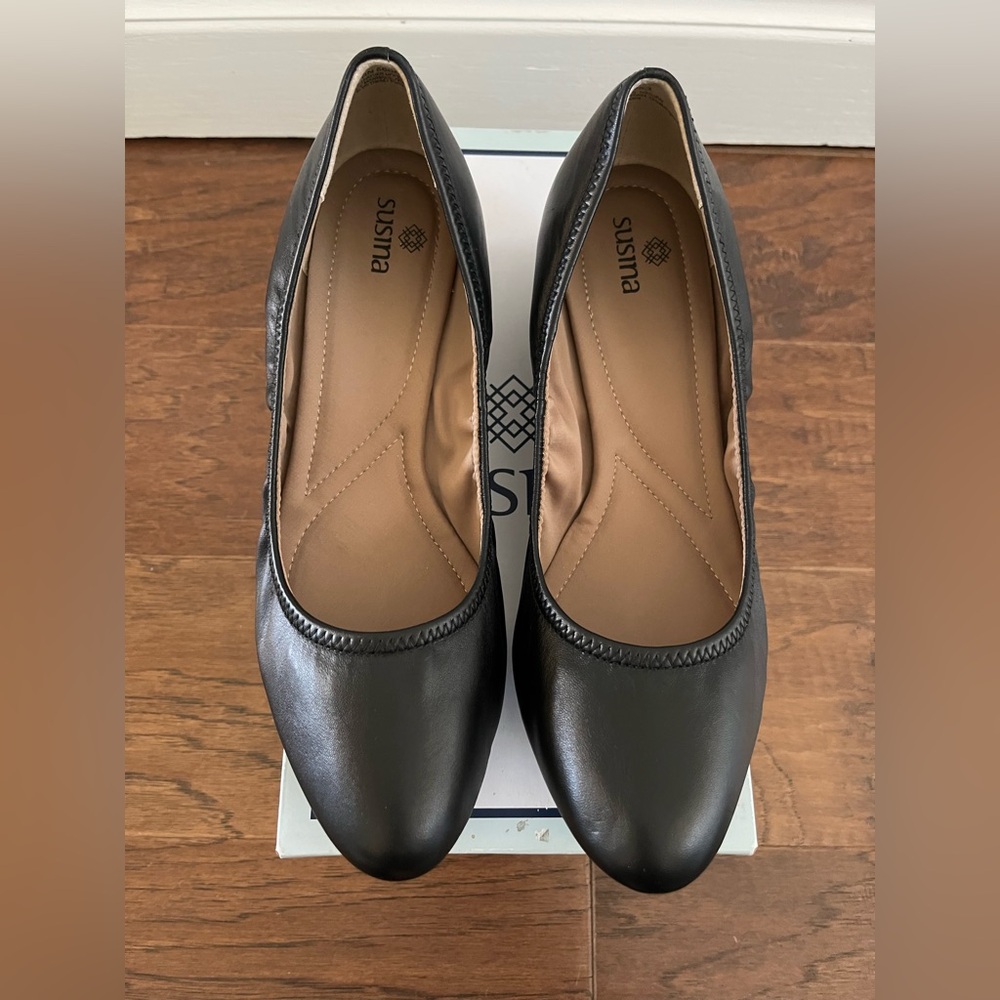 Susina Size 7.5 Fraya-Lea Black Leather Wedge Heel Shoes In Box Fraya Lea 7 1/2 - Picture 2 of 9